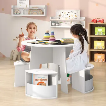 Dětský stůl Costway Dětský herní a úložný stoleček 3v1 – Bílý