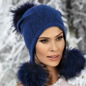 Čepice KRUMLOVANKA Dámská zimní čepice -tři bambule W-0094/558M modrá melange