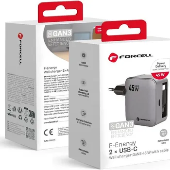 FORCELL F-ENERGY GaN III VT-R5 cestovní nabíječka s výsuvným kabelem typu C a nabíjecím portem typu C PD QC4.0 3A 45W šedá