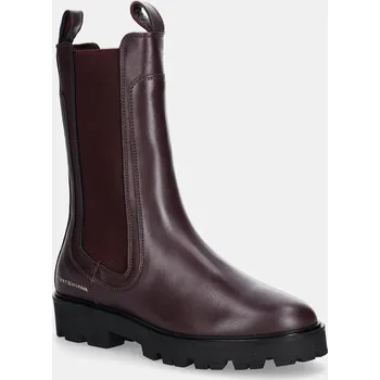 Dámská zimní obuv Kožené kotníkové boty Tommy Hilfiger TH LTHR MID CHELSEA FW0FW08770 burgundské 93X, EUR 39