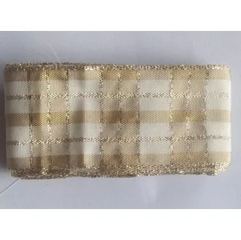 Stuha Látková stuha s drátkem 40mm - béžové a zlaté kostky - balení 2m