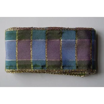 Stuha Látková stuha s drátkem 40mm - modré zelené kostky a zlatá nitka - balení 2m