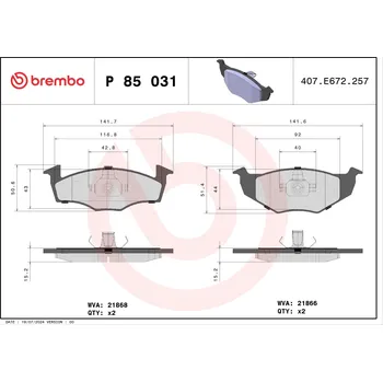Brzdová destička Sada brzdových destiček, kotoučová brzda BREMBO P 85 031