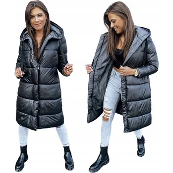 DLOUHÁ PROŠÍVANÁ DÁMSKÁ ZIMNÍ BUNDA S KAPUCÍ ČERNÁ ty2864 - S