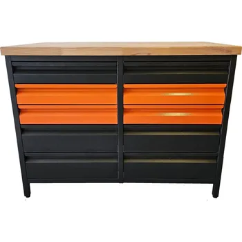 Dílenský stůl Pracovní dílenský stůl / 10 zásuvek / 116,5x63x87-92 cm Pozinkovaný plech + OSB deska 22 mm Antracit + Oranžová RAL2004