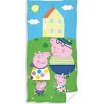 Dětská plážová osuška PRASÁTKO PEPINA (PEPPA) ZÁBAVA NA ZAHRADĚ, zeleno-modrá, froté, 70x140cm