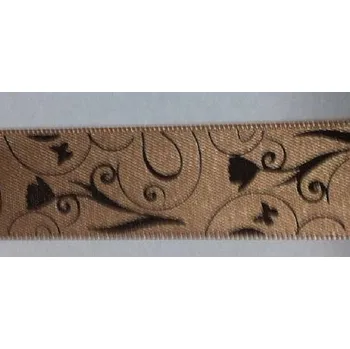 Stuha Saténová stuha 25mm - hnědá s černými ornamenty - balení 2m