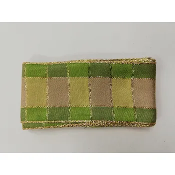 Stuha Látková stuha s drátkem 40mm - zelené a hnědé kostky zlatý okraj - balení 3m