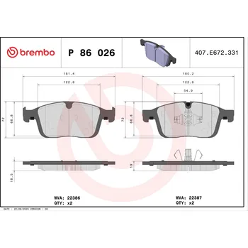 Brzdová destička Sada brzdových destiček, kotoučová brzda BREMBO P 86 026