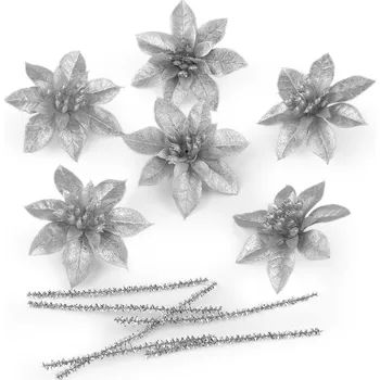 Vánoční dekorace Vánoční hvězda s drátkem, sada 6 ks, barva 1 stříbrná