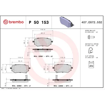 Brzdová destička Sada brzdových destiček, kotoučová brzda BREMBO P 50 153