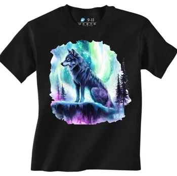 Chlapecké tričko Dětské tričko Vlk v Zimní Vesmírné Krajině (Velikost: 9-11, Barva: Černá)