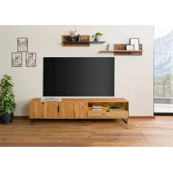 Televizní stolek TV stolek divoký dub s dřevěnými dvířky 220x43x51 přírodní olejovaná LINDAU