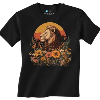 Chlapecké tričko Dětské tričko Lev v Květinovém Poli (Velikost: 7-8, Barva: Černá)