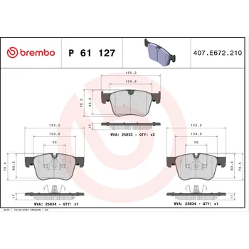 Brzdová destička Sada brzdových destiček, kotoučová brzda BREMBO P 61 127