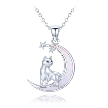 Souprava šperků MINET Stříbrný náhrdelník kočka na měsíci s bílými a černými zirkony a bílým opálem JMAN0666WN45