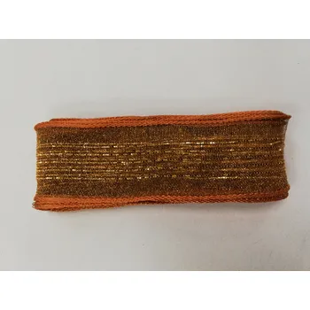 Stuha Šifonová stuha s drátkem 25mm - hnědá se světlým okrajem a zlatými proužky - balení 2m