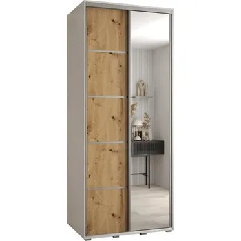 Šatní skříň Šatní skříň s posuvnými dveřmi a zrcadlem DAVOS 5, 100cm | Bílá / DUB Artisan / stříbrné