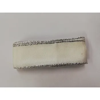 Stuha Látková stuha s drátkem 25mm - bílá se stříbrnými okraji - balení 2m