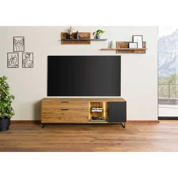 Televizní stolek TV stolek divoký dub se skleněnými dvířky 180x43x59 přírodní olejovaná LINDAU