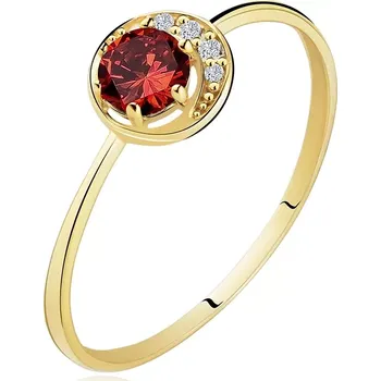 Prsten Prsten ze žlutého 14K zlata - malý blýskavý půlměsíček, kulatý granát - Velikost: 60