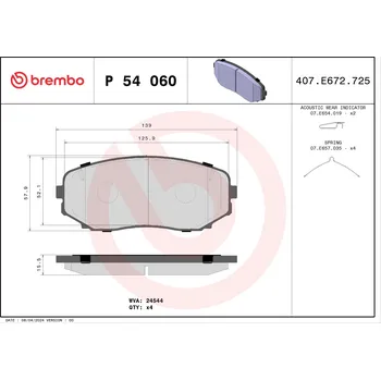 Brzdová destička Sada brzdových destiček, kotoučová brzda BREMBO P 54 060