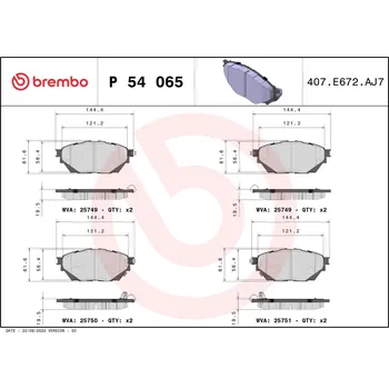 Brzdová destička Sada brzdových destiček, kotoučová brzda BREMBO P 54 065