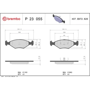 Brzdová destička Sada brzdových destiček, kotoučová brzda BREMBO P 23 055