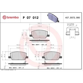Brzdová destička Sada brzdových destiček, kotoučová brzda BREMBO P 07 012