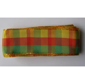 Stuha Látková stuha s drátkem 40mm - kostky žlutá, červená, zelená - balení 3m