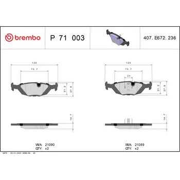 Brzdová destička Sada brzdových destiček, kotoučová brzda BREMBO P 71 003