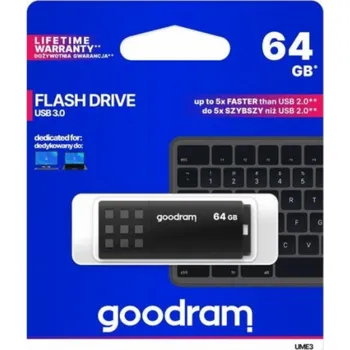USB flash disk GOODRAM UME3 USB 3.0 Flash disk 64GB - černá Malý datový nosič GoodRam s kapacitou 64 GB lze uložit například do peněženky vedle klíčů, což uživateli umožní přístup k potřebným datům. Uzávěr má konve