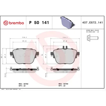 Brzdová destička Sada brzdových destiček, kotoučová brzda BREMBO P 50 141