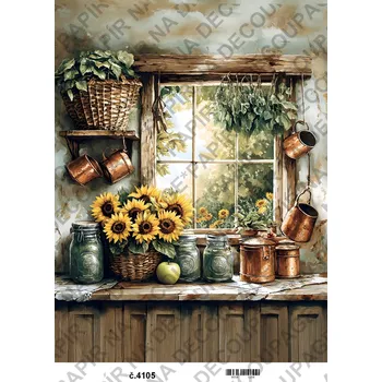 Umělecký papír Rýžový a soft papír na decoupage - Kuchyně okno slunečnice - KB04105 Materiál: Soft, Rozměr: A4