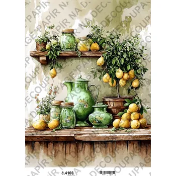 Umělecký papír Rýžový a soft papír na decoupage - Kuchyně zelená citrusy - KB04103 Materiál: Soft, Rozměr: A4