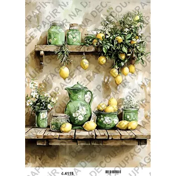 Umělecký papír Rýžový a soft papír na decoupage - Kuchyně zelená citrusy - KB04115 Materiál: Soft, Rozměr: A4