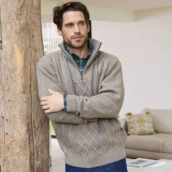 Pánský svetr Blancheporte Pulovr s irským vzorem a stojáčkem na zip hnědošedý melír 137/146 (4XL)