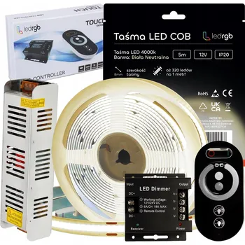 LED páska Sada LED COB pásek 12V 5m 4000K BÍLÁ NEUTRÁLNÍ NAPÁJECÍ ZDROJ DÁLKOVÝ OVLADAČ RADIEM