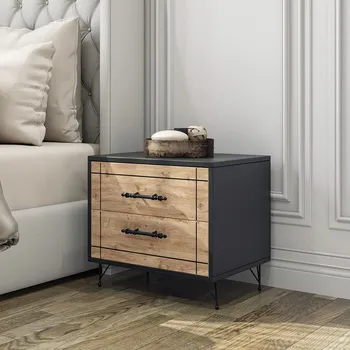 Noční stolek Stylový noční stolek KASTE s 2 zásuvkami, dub/černý, 50x55x40 cm