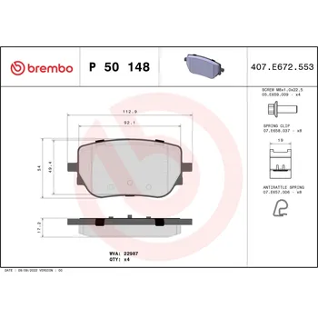 Brzdová destička Sada brzdových destiček, kotoučová brzda BREMBO P 50 148