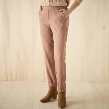 Dámské kalhoty 7/8 úzké pruhované kalhoty oříšková/bílá 36