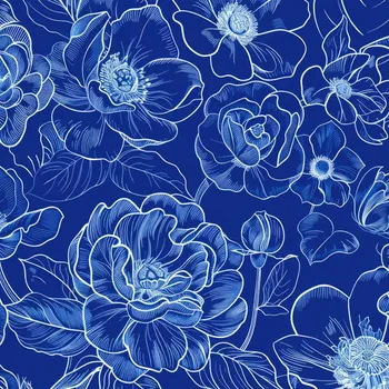 Zbytek - Umělé hedvábí se sametovým leskem květiny imitace modrotisku MAXI vzor