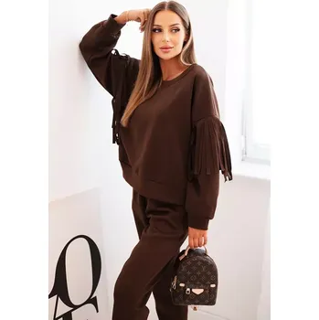 Kesi Włoski Dámský komplet máslový s třásněmi na rukávech hnědý Kesi Włoski bílá | hnědá 3401243