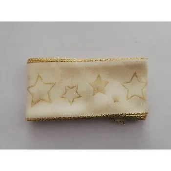 Stuha Vánoční látková stuha s drátkem 40mm - krémová zlatá hvězda - balení 2m
