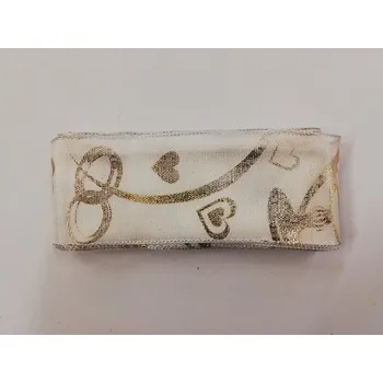 Stuha Látková stuha s drátkem 40mm - bílá se zlatým okrajem a srdíčky - balení 2m