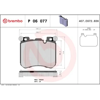 Brzdová destička Sada brzdových destiček, kotoučová brzda BREMBO P 06 077