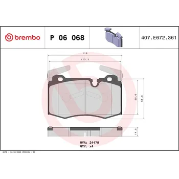 Brzdová destička Sada brzdových destiček, kotoučová brzda BREMBO P 06 068