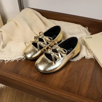 Dívčí baleríny Dětské kožené baleríny na suchý zip Velikost: 27, Barva (Varianta): Zlatá