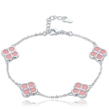 Náramek Moonlit Stříbrný náramek se čtyřlístky a růžovým kamenem
