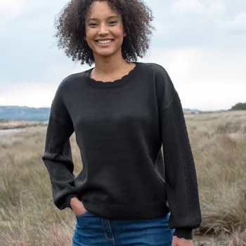 Dámská móda Pulovr s ažurovým vzorem a vlnkovými lemy černá 34/36